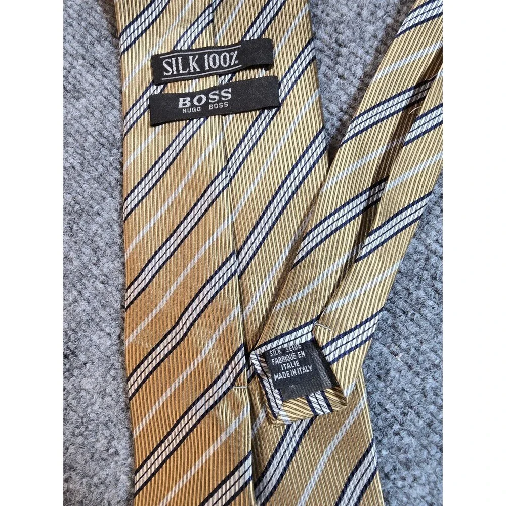 Hugo Boss Made in Italy Silk Tie Gold Black Striped Designer Necktie (Small Spot